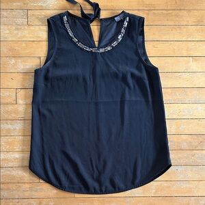 EUC Fenn Wright Manson Black Sleeveless Blouse with Embellished Neckline